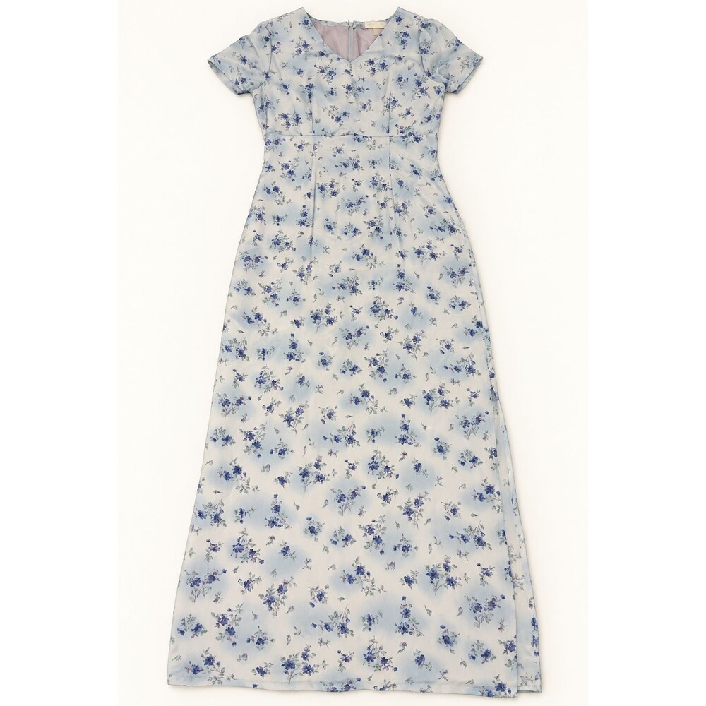 Casual Corner 100% Silk Floral Maxi Dress Size 6 Blue Short Sleeve Lined